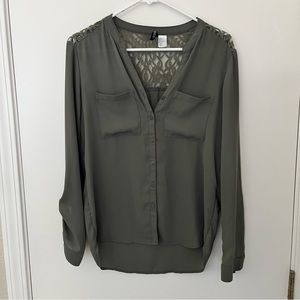 H&M button up top olive green with lace see through back